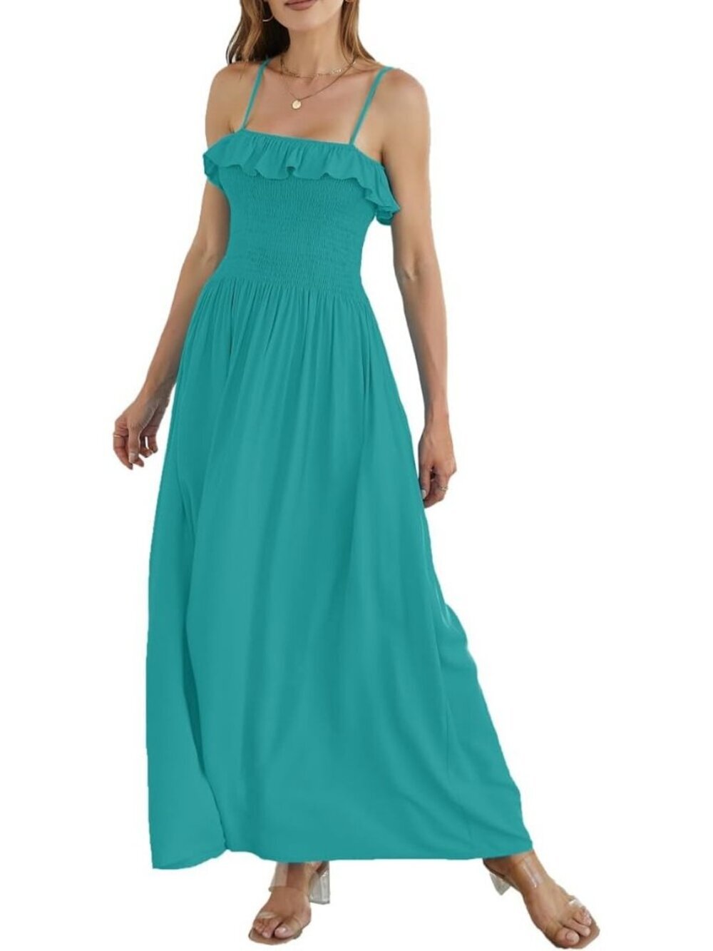 Women's Light Blue Sleeveless Spaghetti Strap Smocked Beach  Boho Maxi Dress